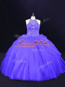 Affordable Sleeveless Tulle Floor Length Lace Up Sweet 16 Dresses in Purple with Beading