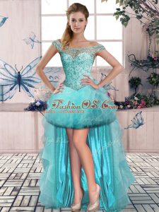 Tulle Sleeveless High Low Prom Evening Gown and Beading and Ruffles