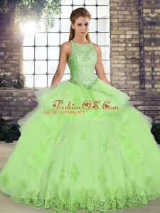 Deluxe Sleeveless Floor Length Lace and Embroidery and Ruffles Lace Up 15 Quinceanera Dress with Yellow Green