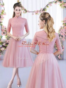 Pink Half Sleeves Tulle Zipper Quinceanera Dama Dress for Wedding Party