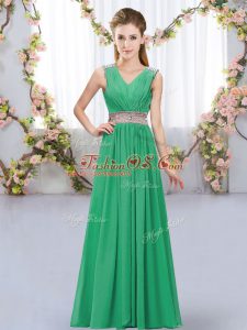 Top Selling Turquoise Chiffon Lace Up V-neck Sleeveless Floor Length Damas Dress Beading and Belt