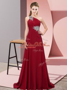 Flare Wine Red Empire One Shoulder Sleeveless Chiffon Brush Train Lace Up Beading Prom Evening Gown