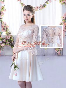 Champagne 3 4 Length Sleeve Lace and Belt Mini Length Dama Dress for Quinceanera