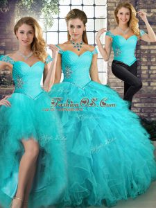 Elegant Sleeveless Floor Length Beading and Ruffles Lace Up 15 Quinceanera Dress with Aqua Blue
