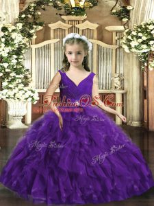 Sleeveless Floor Length Beading and Ruffles Backless Kids Formal Wear with Purple