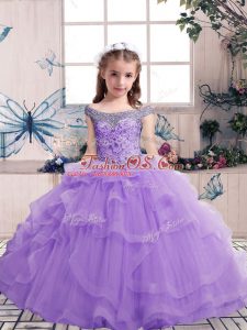 Sleeveless Floor Length Beading and Ruffles Lace Up Girls Pageant Dresses with Lavender