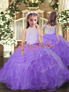 Floor Length Lavender Little Girls Pageant Dress Tulle Sleeveless Ruffles