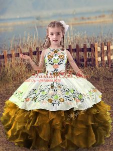 Brown Scoop Neckline Embroidery and Ruffles Kids Pageant Dress Sleeveless Lace Up