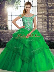 Green Sleeveless Tulle Brush Train Lace Up Quince Ball Gowns for Military Ball and Sweet 16 and Quinceanera