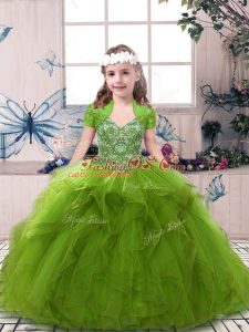 Trendy Olive Green Straps Lace Up Beading Little Girl Pageant Gowns Sleeveless