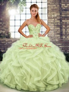 Clearance Beading and Ruffles Sweet 16 Dress Yellow Green Lace Up Sleeveless Floor Length