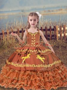 Custom Fit Rust Red Ball Gowns Straps Sleeveless Organza Floor Length Lace Up Beading and Embroidery and Ruffled Layers Kids Formal Wear
