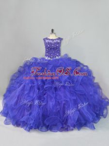 Dynamic Sleeveless Floor Length Beading and Ruffles Lace Up Quinceanera Dress with Blue