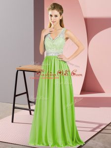 Fashionable Yellow Green Empire Chiffon V-neck Sleeveless Beading and Lace and Appliques Floor Length Zipper Mother Of The Bride Dress