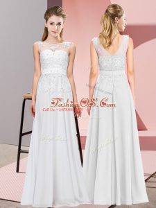 Latest White Chiffon Zipper Bridesmaid Dresses Sleeveless Floor Length Beading and Appliques