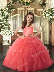 Floor Length Coral Red Child Pageant Dress Tulle Sleeveless Ruffles