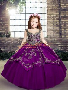 Eggplant Purple and Purple Straps Neckline Embroidery Pageant Dress for Teens Sleeveless Lace Up
