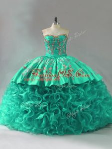 Green Lace Up Sweetheart Embroidery and Ruffles 15th Birthday Dress Fabric With Rolling Flowers Sleeveless Court Train