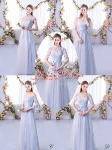 Lace Quinceanera Court Dresses Grey Lace Up Cap Sleeves Floor Length