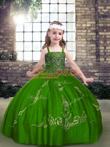 Straps Long Sleeves Lace Up Little Girls Pageant Gowns Green Tulle