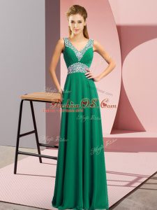 Artistic Dark Green V-neck Neckline Beading Prom Dresses Sleeveless Lace Up