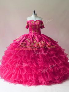 Off The Shoulder Sleeveless Lace Up Quinceanera Gown Fuchsia Organza