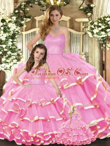 Traditional Floor Length Rose Pink Quinceanera Gown Organza Sleeveless Ruffled Layers