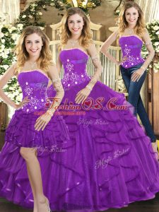 Purple Three Pieces Tulle Strapless Sleeveless Beading and Ruffles Floor Length Lace Up Quinceanera Dresses