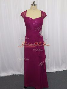 Fuchsia Column/Sheath Beading and Lace and Appliques Mother Of The Bride Dress Zipper Chiffon Cap Sleeves Floor Length