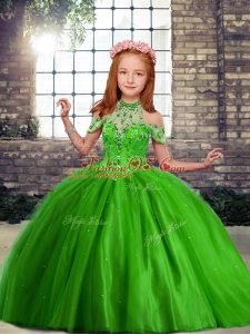 New Style Floor Length Green Little Girls Pageant Dress Off The Shoulder Sleeveless Lace Up