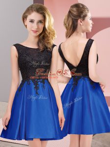 Royal Blue A-line Satin Scoop Sleeveless Lace Mini Length Zipper Bridesmaids Dress