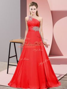 Brush Train Mermaid Evening Dresses Red One Shoulder Chiffon Sleeveless Lace Up