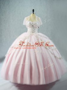 Pink Ball Gowns Tulle Sweetheart Sleeveless Beading Floor Length Lace Up Sweet 16 Quinceanera Dress