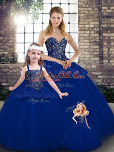Stunning Tulle Sweetheart Sleeveless Lace Up Beading and Appliques Quinceanera Gowns in Royal Blue