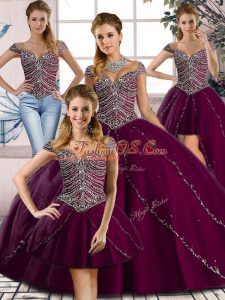 Deluxe Purple Lace Up Sweetheart Beading 15 Quinceanera Dress Tulle Cap Sleeves Brush Train