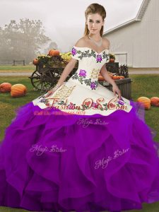 White And Purple Lace Up 15 Quinceanera Dress Embroidery and Ruffles Sleeveless Floor Length
