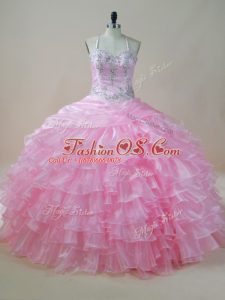 Sleeveless Lace Up Floor Length Embroidery and Ruffled Layers Sweet 16 Dress
