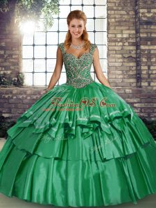 Ball Gowns 15th Birthday Dress Green Straps Taffeta Sleeveless Floor Length Lace Up