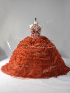 Beading and Pick Ups Vestidos de Quinceanera Brown Lace Up Sleeveless Court Train