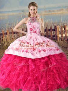 Smart Hot Pink Organza Lace Up Halter Top Sleeveless 15th Birthday Dress Court Train Embroidery and Ruffles