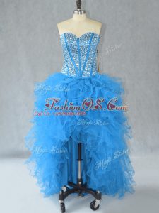 A-line Prom Gown Aqua Blue Sweetheart Organza Sleeveless High Low Lace Up