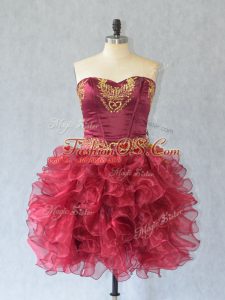 Flare Sleeveless Organza Mini Length Lace Up Prom Evening Gown in Wine Red with Embroidery and Ruffles