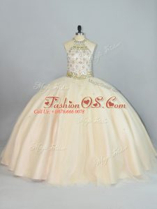 Champagne Tulle Lace Up 15th Birthday Dress Sleeveless Floor Length Beading