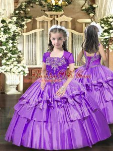 Classical Lavender Taffeta Lace Up Kids Pageant Dress Sleeveless Floor Length Beading and Ruffled Layers