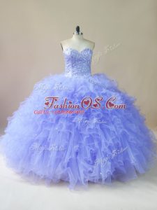 Lovely Lavender Ball Gowns Tulle Sweetheart Sleeveless Beading and Ruffles Floor Length Lace Up Sweet 16 Dress