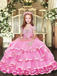 Fancy Floor Length Lilac Pageant Gowns For Girls Organza Sleeveless Beading and Ruffled Layers