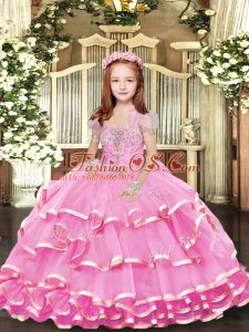 Fancy Floor Length Lilac Pageant Gowns For Girls Organza Sleeveless Beading and Ruffled Layers