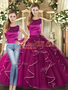 Discount Floor Length Fuchsia Ball Gown Prom Dress Tulle Sleeveless Ruffles