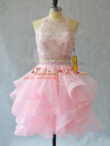 Most Popular Baby Pink Two Pieces Beading and Ruffles Prom Dresses Backless Tulle Sleeveless Mini Length