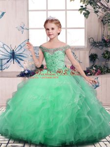 Apple Green Sleeveless Floor Length Beading and Ruffles Lace Up Little Girls Pageant Dress